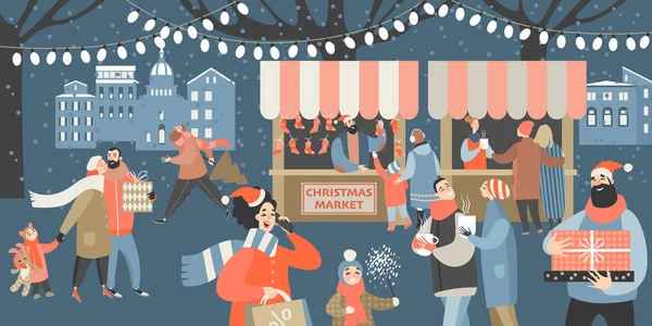 Vectorillustratie Van Een Kerstmarkt Met Mensen Winkelen Drinken Glühwein Een — Stockvector