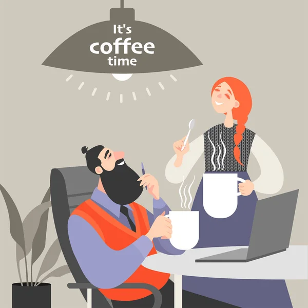 Ilustración Vectorial Vida Oficina Con Hombre Una Mujer Tomando Café — Archivo Imágenes Vectoriales