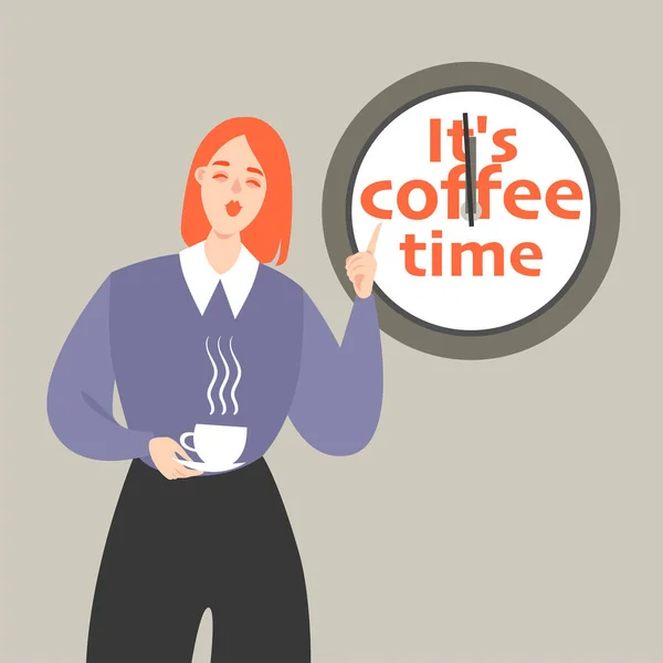 時計を示すコーヒー一少女のベクトル イラスト コーヒー一時停止の象徴的なイメージ — ストックベクタ