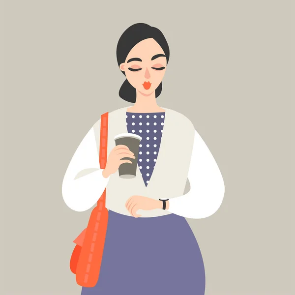 Illustration Vectorielle Une Fille Avec Une Tasse Café Papier Précipitant — Image vectorielle