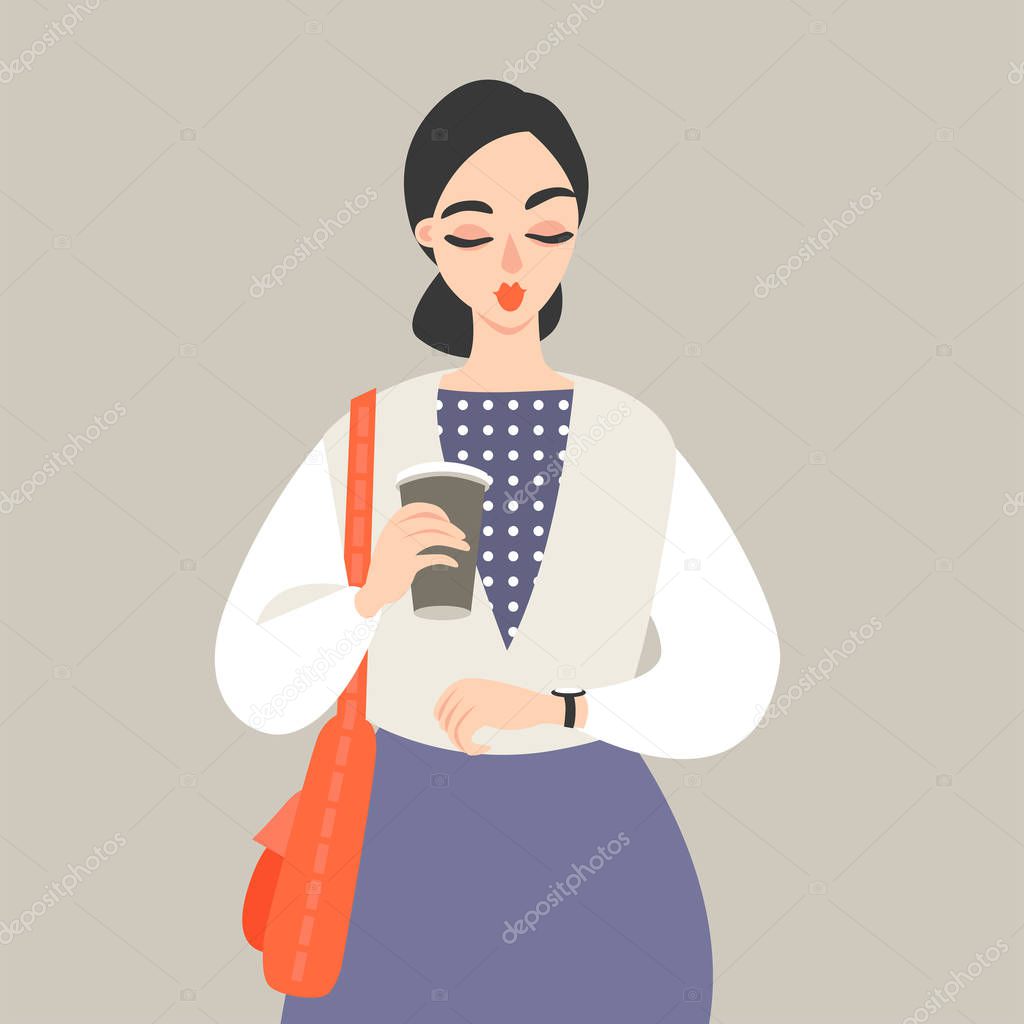 Vector illustration of a girl with a paper cup of coffee rushing to work