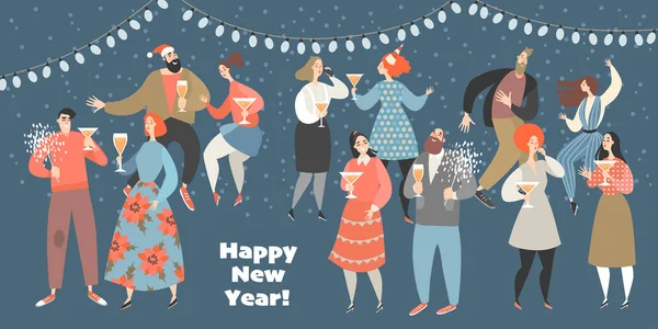 Ilustración Vectorial Una Fiesta Año Nuevo Con Gente Divertida Bailando — Archivo Imágenes Vectoriales