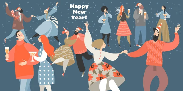 Ilustración Vectorial Una Fiesta Año Nuevo Con Gente Divertida Bailando — Archivo Imágenes Vectoriales