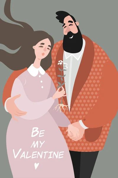 漫画のスタイルでかわいいカップルをバレンタインの日ベクトル グリーティング カード 男と少女は 花を保持 — ストックベクタ