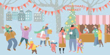 Bir Noel Pazar çizimi ile mutlu insanlar içme şarap ve aile ile bir dinlenme mulled. Soğuk bir Aralık günü Kent Meydanı