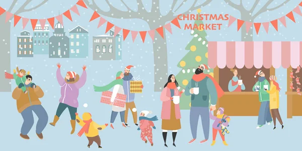 Ilustração Mercado Natal Com Pessoas Felizes Bebendo Vinho Quente Tendo —  Vetores de Stock