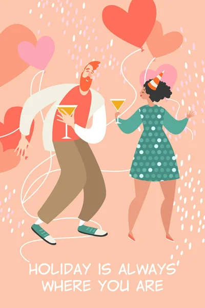 Vektorillustration av alla hjärtans dag med ett lyckligt par dansar och dricker vin. — Stock vektor