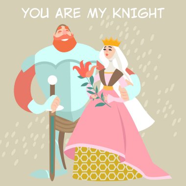 Vektör Sevgililer günü illüstrasyon şirin prenses ve knight ile bir çiçek. Komik çizgi film karakterleri tarihi kostümleri. 