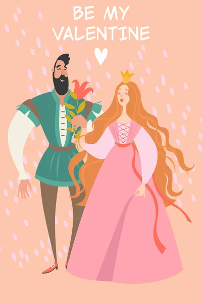 Вектор День Святого Валентина Ілюстрація Милою Принцесою Принцом Квіткою Забавні — стоковий вектор