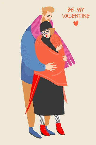 Cartão Dia Dos Namorados Com Casal Abraçando Feliz Ilustração Vetorial —  Vetores de Stock