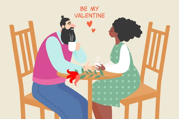 Ilustração Vetorial Casal Bonito Sentado Café Beber Café Personagens Dos —  Vetores de Stock