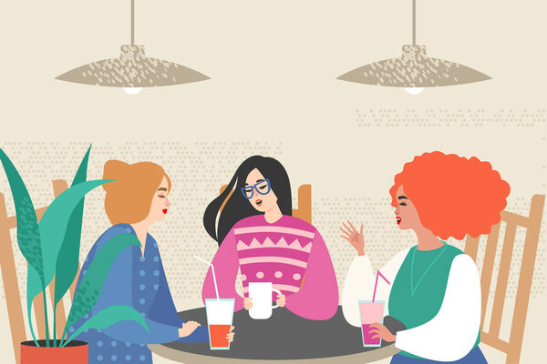 Vector Illustration Three Cute Girls Siting Cafe — Stock Vector