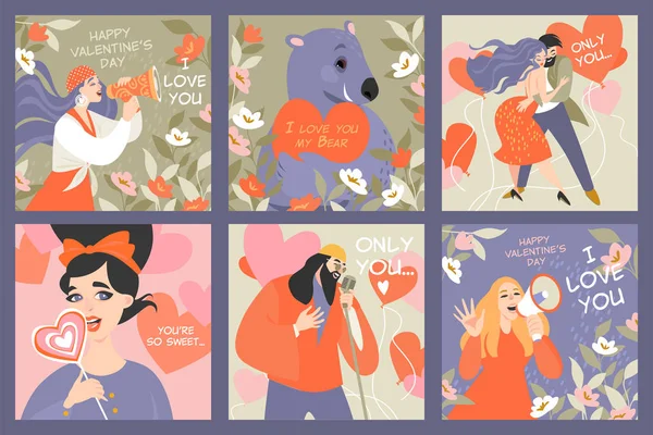 Ensemble Cartes Vectorielles Saint Valentin Avec Des Personnages Drôles Dans — Image vectorielle