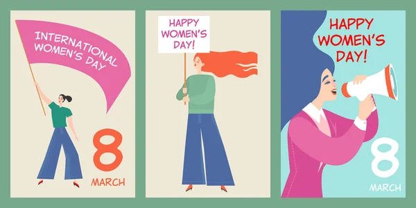Kartpostal Komik Çizgi Film Karakterleri Ile Dünya Kadınlar Günü Için — Stok Vektör