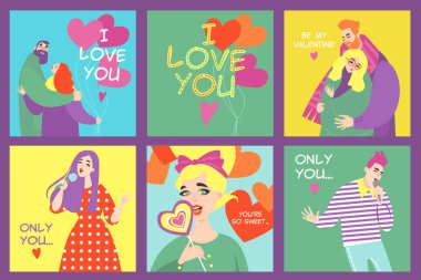 Vektör Sevgililer günü koleksiyonu renkli karikatür tarzı komik karakterler ile kartları. Retro pop sanat tasarım