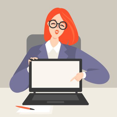 Vektör çizim boş dizüstü ekran gösterilen bir ofis masası adlı bir kız.