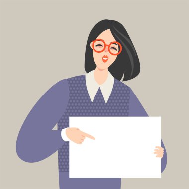 Boş bir kağıt onun elinde tutan genç bir kadın vektör çizim.