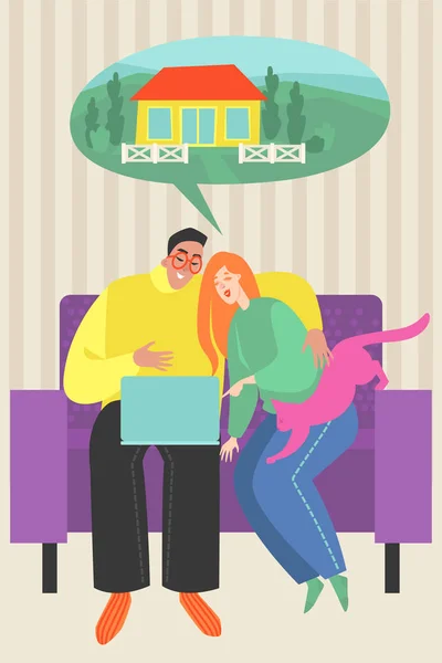 Vektorové Ilustrace Mladý Manželský Pár Hledá Dům Internetu Scéna Života — Stockový vektor