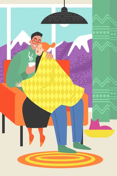 Ilustracja Wektorowa Szczęśliwa Para Siedząc Wygodnym Fotelu Pokoju Widokiem Góry — Wektor stockowy