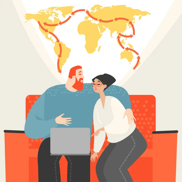 Happy young couple planning a world tour sitting on a sofa with a laptop — Stock Vector