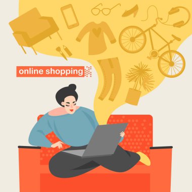 Sevimli kız evde kanepede otururken alışveriş online yapar. Kavram vektör çizim