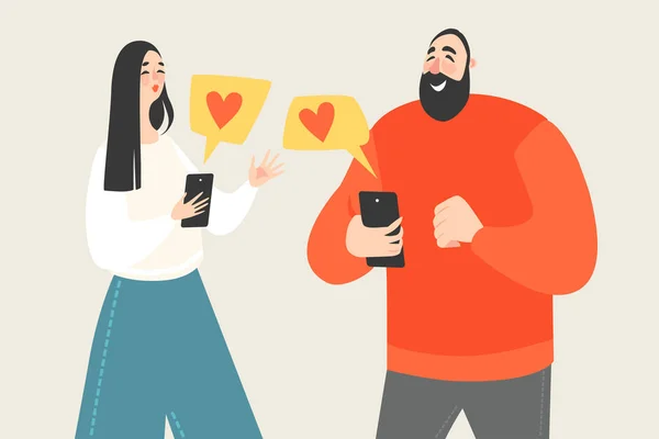 Çift Sevgililer Akıllı Telefonlar Kullanarak Sosyal Ağlarda Gönderilip Alınır Zole — Stok Vektör