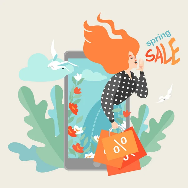 Креативная Векторная Иллюстрация Концепции Онлайн Продаж Рекламы Мобильных Приложениях Девушкой — стоковый вектор