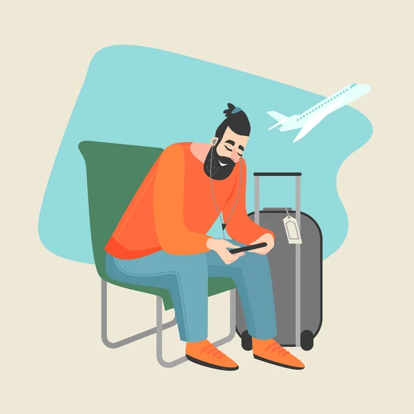 Jovem ouve música e olha para o smartphone enquanto está sentado no aeroporto . — Vetor de Stock