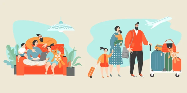 Vector conceptual illustration with happy family buying tickets online — Stock Vector