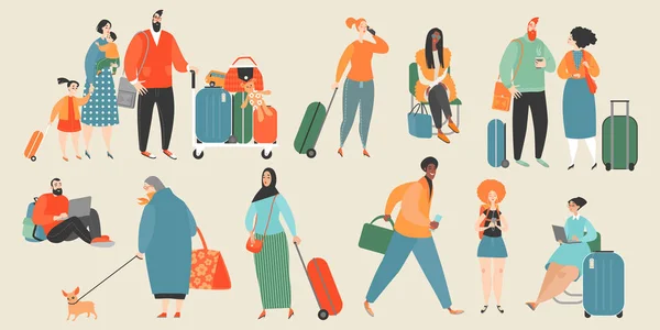 Набор векторных иллюстраций людей в аэропорту или на вокзале — стоковый вектор