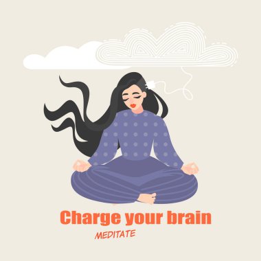Güzel kız yoga poz oturur ve derin derin düşünür. Beyin gelişimi için meditasyon uygulamaları pratik yararları kavramsal görüntü. 