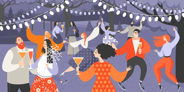 Вечеринка в саду, где танцуют и пьют вино. Персонажи мультфильмов развлекаются в парке ночью . — стоковый вектор