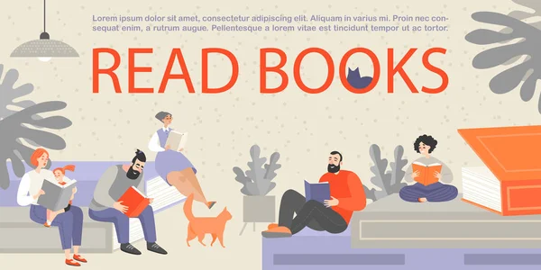 Büyük kitaplar üzerinde oturan ve okuma insanlarla banner. — Stok Vektör