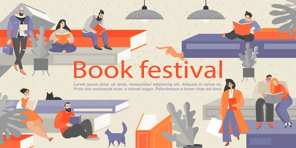 Баннер фестиваля книги с людьми, сидящими на огромных книгах и читающими — стоковый вектор