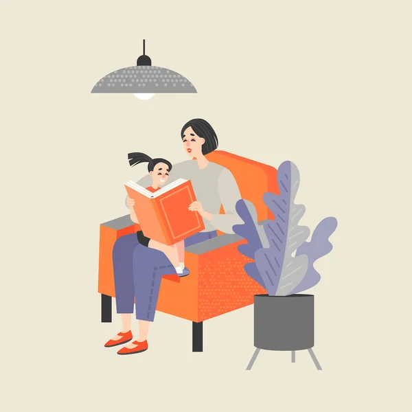 Matka sedí v křesle a čte knihu se svou malou dcerou — Stockový vektor