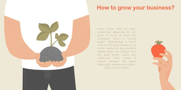 Fogalmi üzleti oktatási illusztráció egy fiú eper ültetés, és szerzés a termés. — Stock Vector
