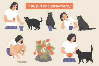 Bir kız ve onu kedi çilek büyümek, bitki tohumları bir tencereye, fidan sonra bak, bir bahçede bir fide nakli ve olgun çilek keyfini çıkarın.