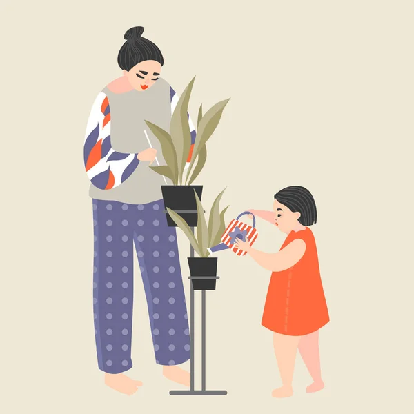 Matka i córka dbać o rośliny do domu. Ogrodnicza. — Wektor stockowy