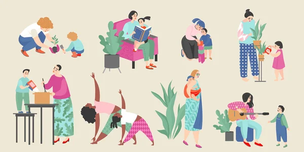 Conjunto de ilustraciones vectoriales sobre el tema de la maternidad con madres lindas y sus hijos haciendo actividades cotidianas — Archivo Imágenes Vectoriales