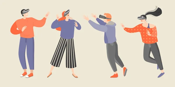 Набор векторных иллюстраций молодых людей в очках виртуальной реальности — стоковый вектор