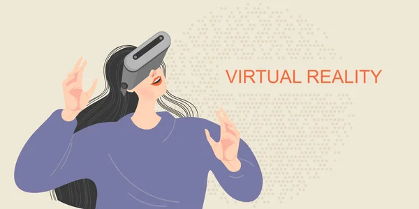 Bannière avec une fille en réalité virtuelle lunettes souriantes et étirant les mains — Image vectorielle