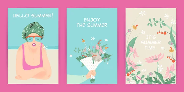 Cartões de saudação com ilustrações de verão de flores e personagem bonito — Vetor de Stock
