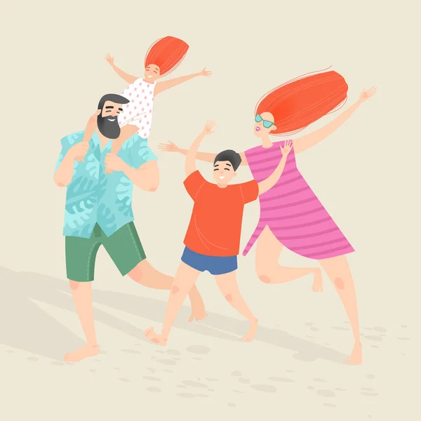 Векторная иллюстрация счастливой семьи с двумя детьми, веселящимися на пляже — стоковый вектор