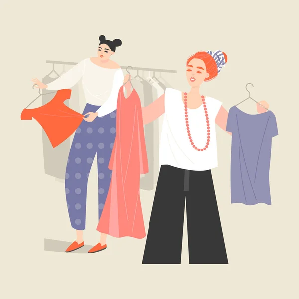 Két fiatal nő válasszon ruhákat a boltban — Stock Vector