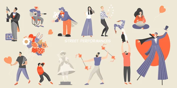 Conjunto de ilustrações vetoriais de várias performances de rua. Grande festival de cultura de rua e entretenimento . —  Vetores de Stock