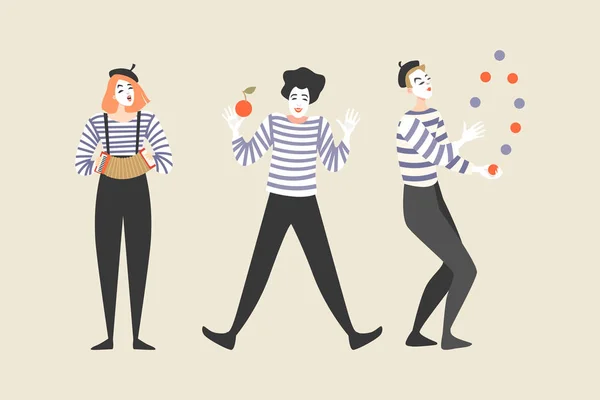 Three mimes juggle and play the harmonica — Stock Vector