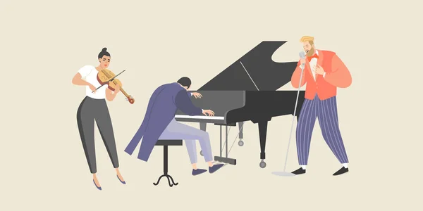 Un uomo canta con l'accompagnamento di un pianoforte e un violino . — Vettoriale Stock
