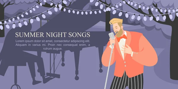 Un hombre canta en un concierto nocturno de verano en el parque . — Vector de stock