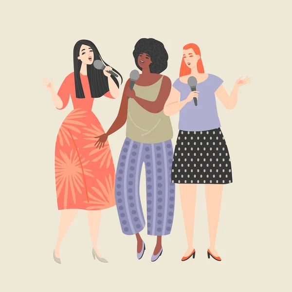 Trois jeunes femmes avec des micros chantant une chanson lors d'une soirée karaoké — Image vectorielle