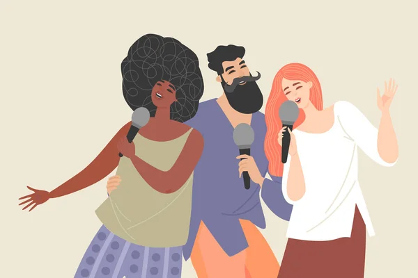 Νέοι με μικρόφωνα που τραγουδάνε ένα τραγούδι σε ένα πάρτι καραόκε — Διανυσματικό Αρχείο